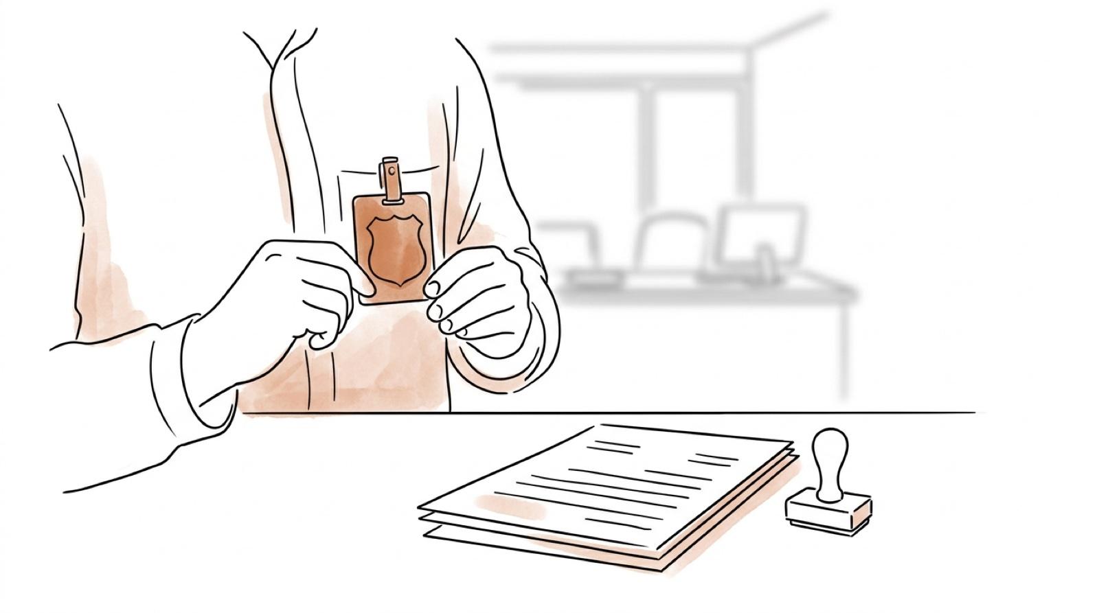 서류에 도장을 찍는 손을 그린 선화