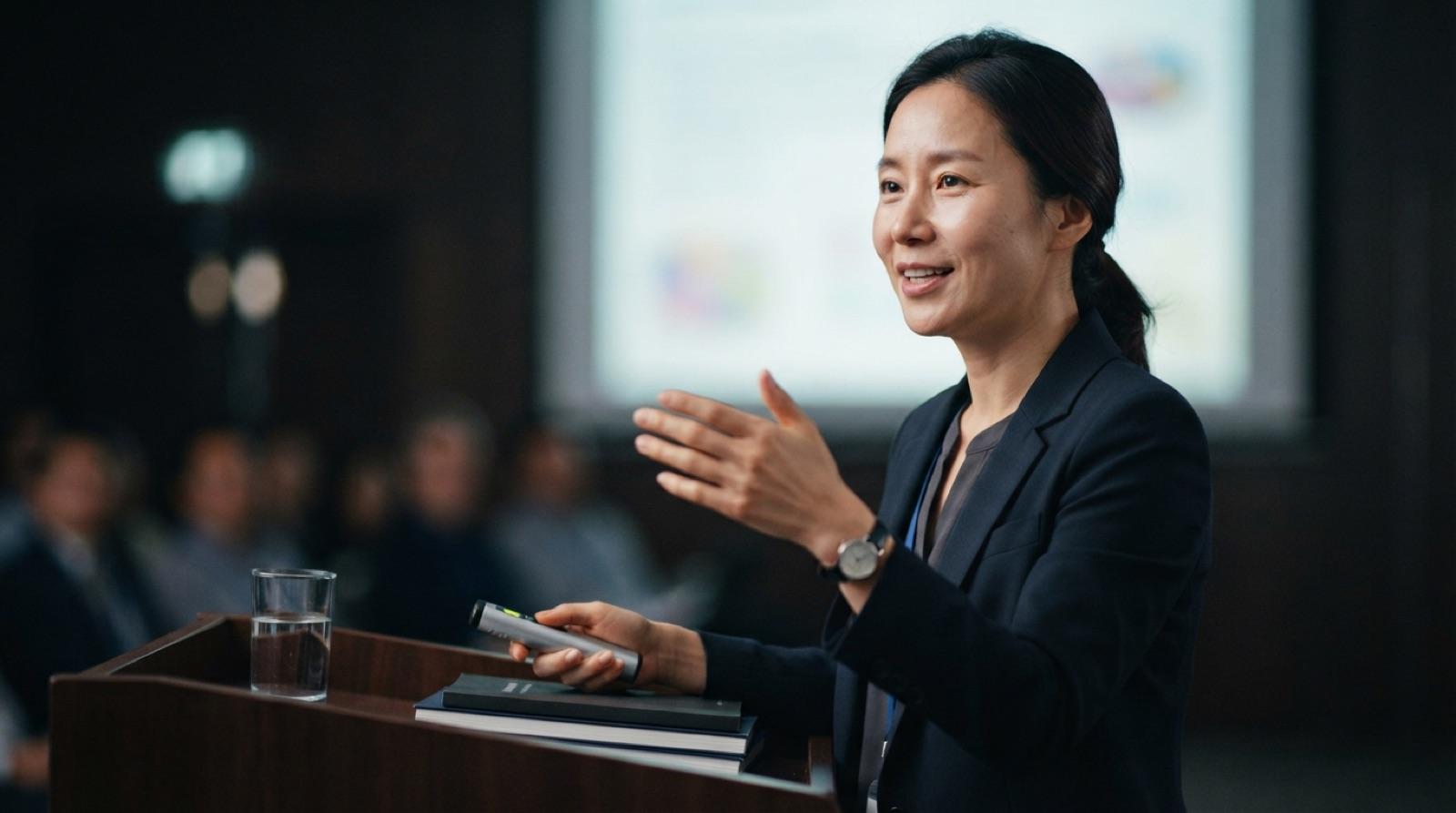 정기 모임에서 회원이 발표하는 모습